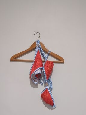 Orange Swimsuit Top with Blue Check Trim